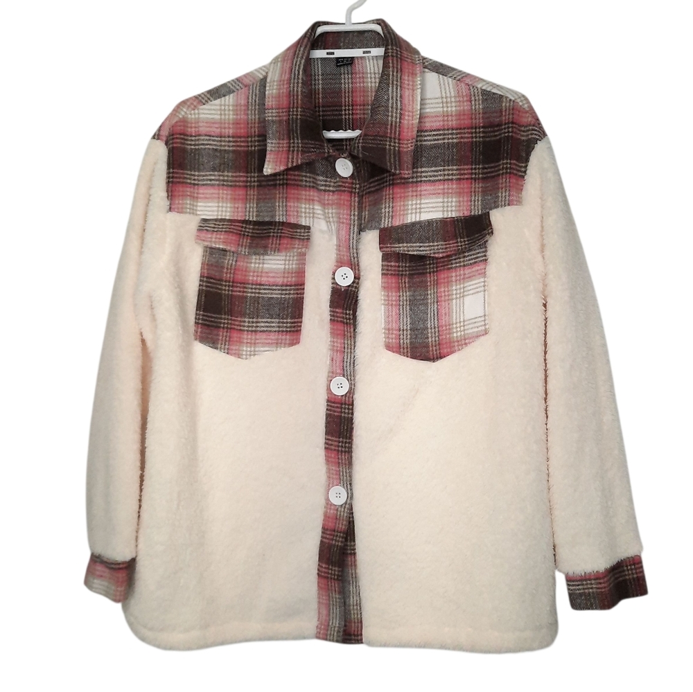 Shein Faux Sherpa Fleece Plaid Shacket Button Up Soft Cozy Womens Size Small US4